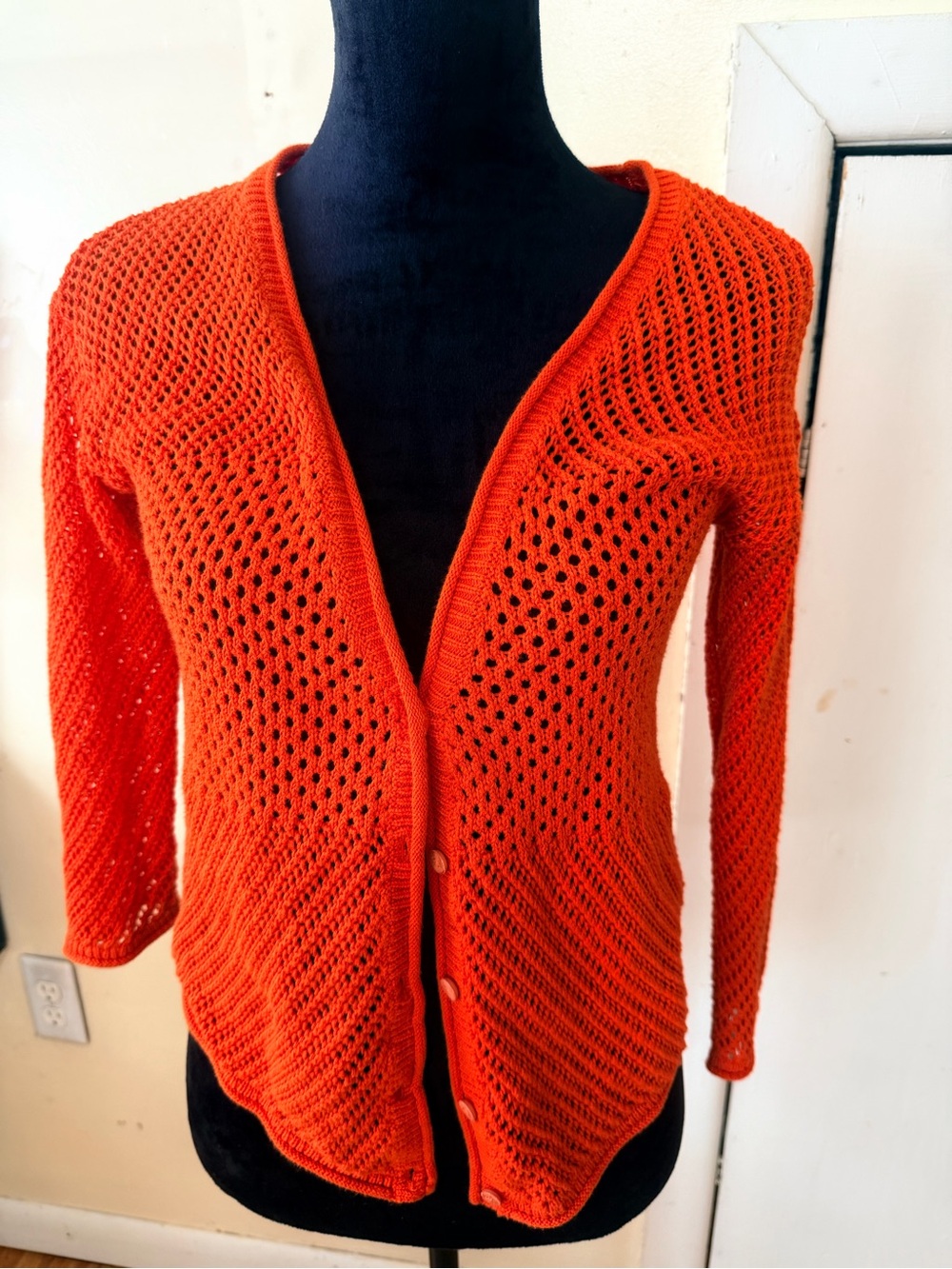 Lucky Brand Orange Open-Knit V-Neck Button Cardigan Sweater